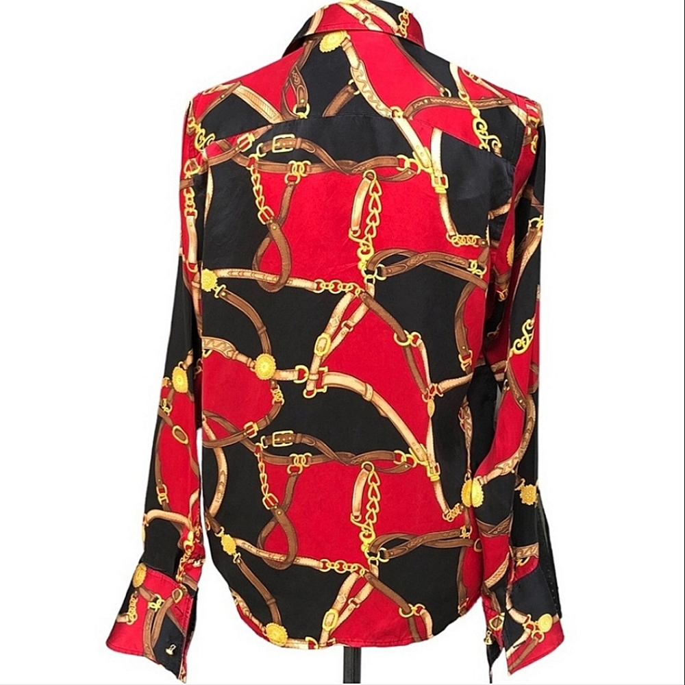Lauren Ralph Lauren Silk Womens Blouse PL  Equestrian Bridle Chain Print.